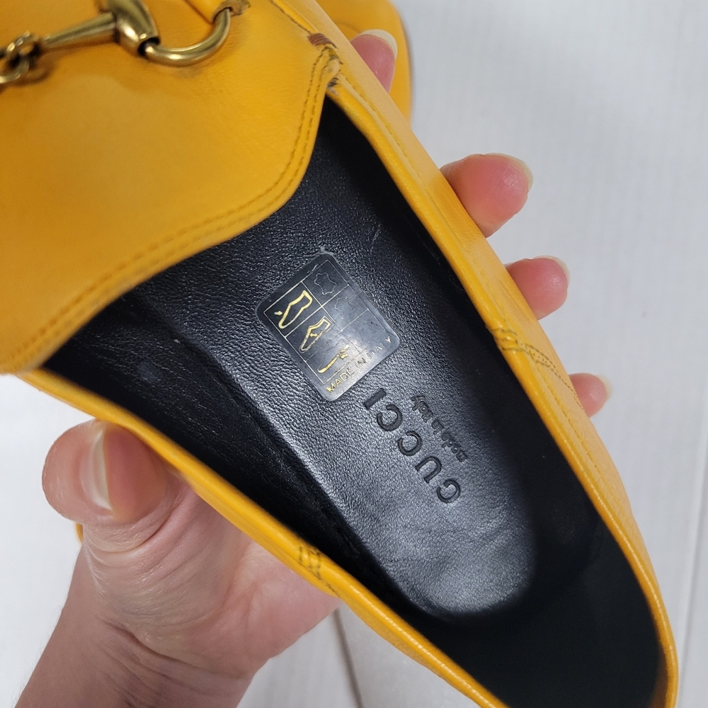 Gucci Brixton Yellow Orange Leather Horsebit Loafer Shoes 36.5 6.5 - Picture 9 of 10